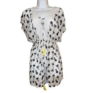 MIKEN Swim Cover Up Dress Sz M White Pineapple Palm flamingo Beach Vacation Lace